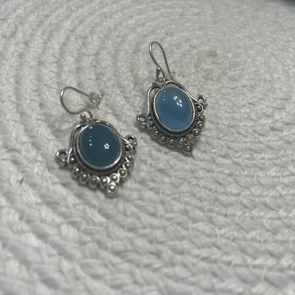 Victorian BLUE CHALCEDONY Handmade Sterling 925 Dangle Earrings #290D - Picture 3 of 3